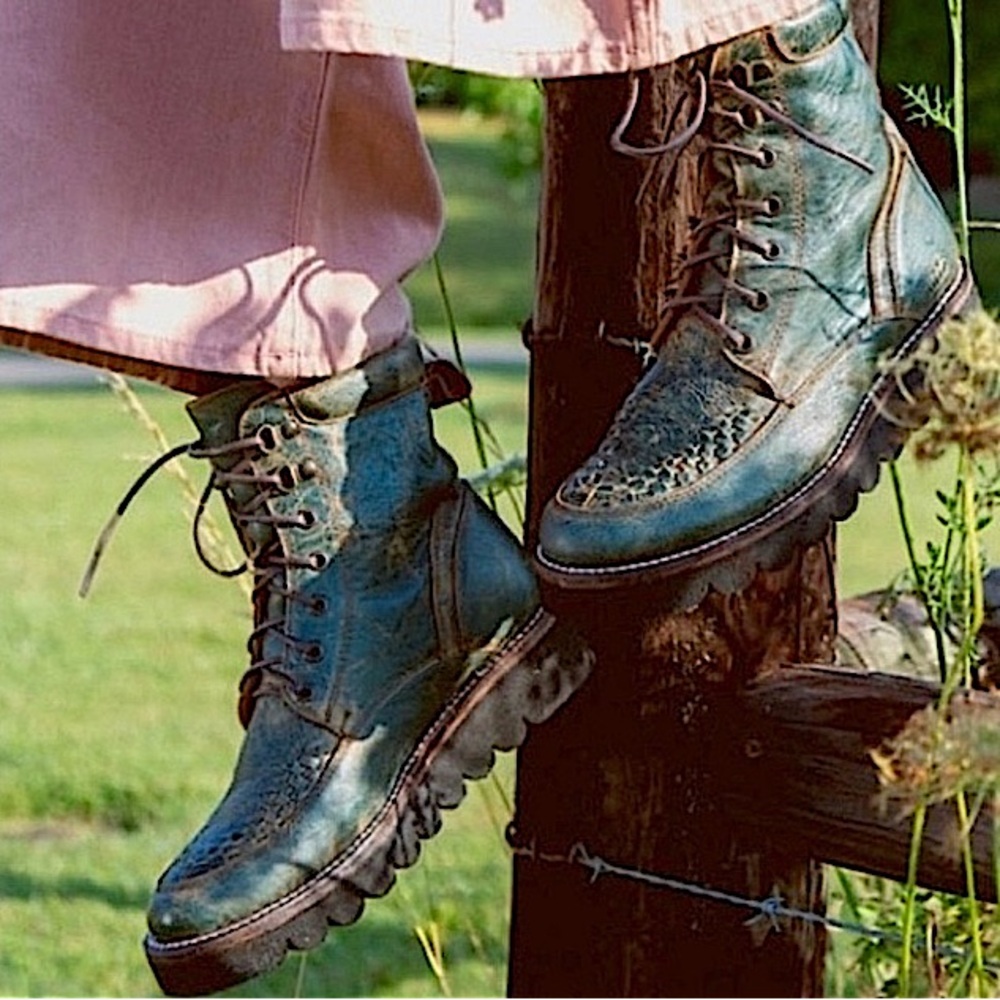 BED STU Boot BED|STU ELISHA II Moto Combat Platform Green Teal Blue Black Size 8